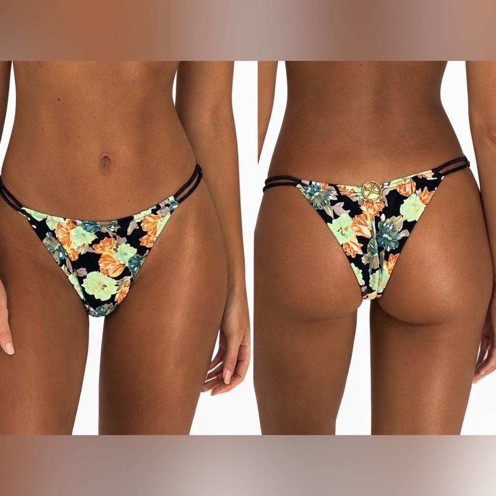 Vix Paula Hermanny Floral String Bikini Bottom XS Gold Detail Cheeky Brazil